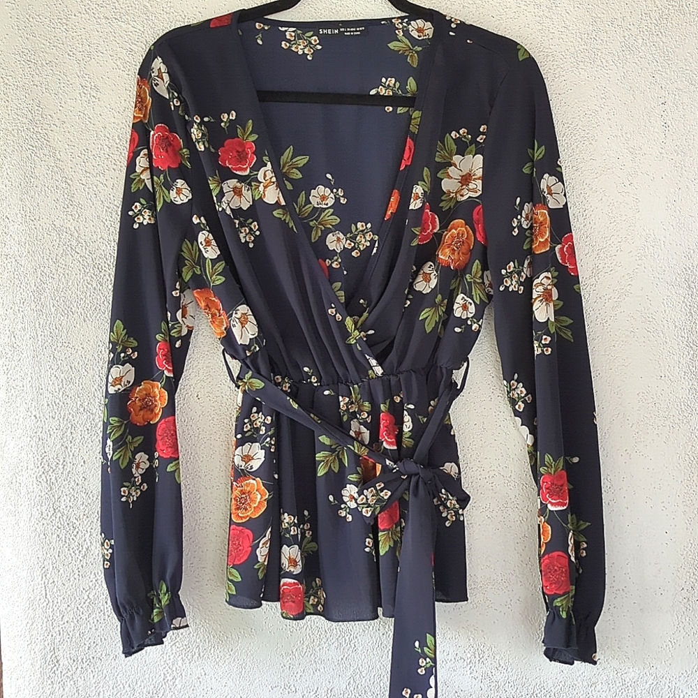 Navy Floral Blouse with Belt